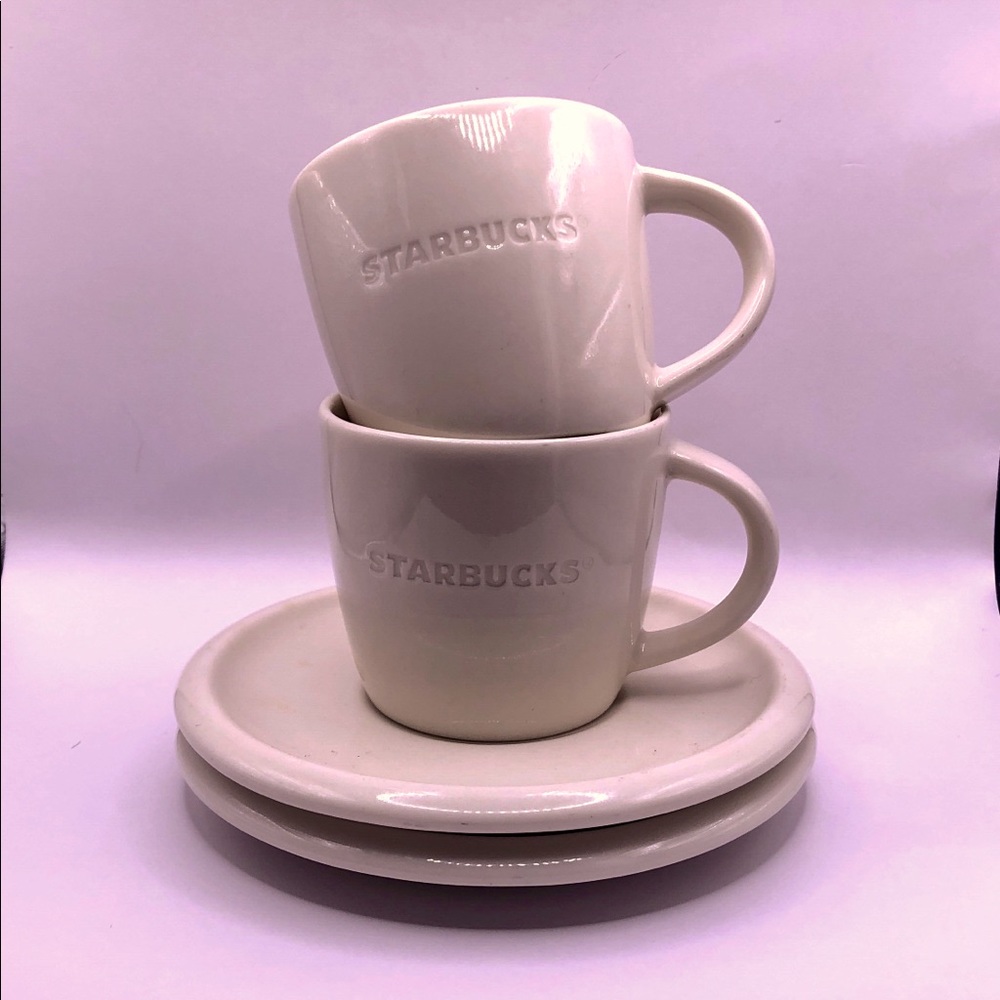 Set of Starbucks Demi White Embossed Siren Coffee Espresso Cups & Saucers